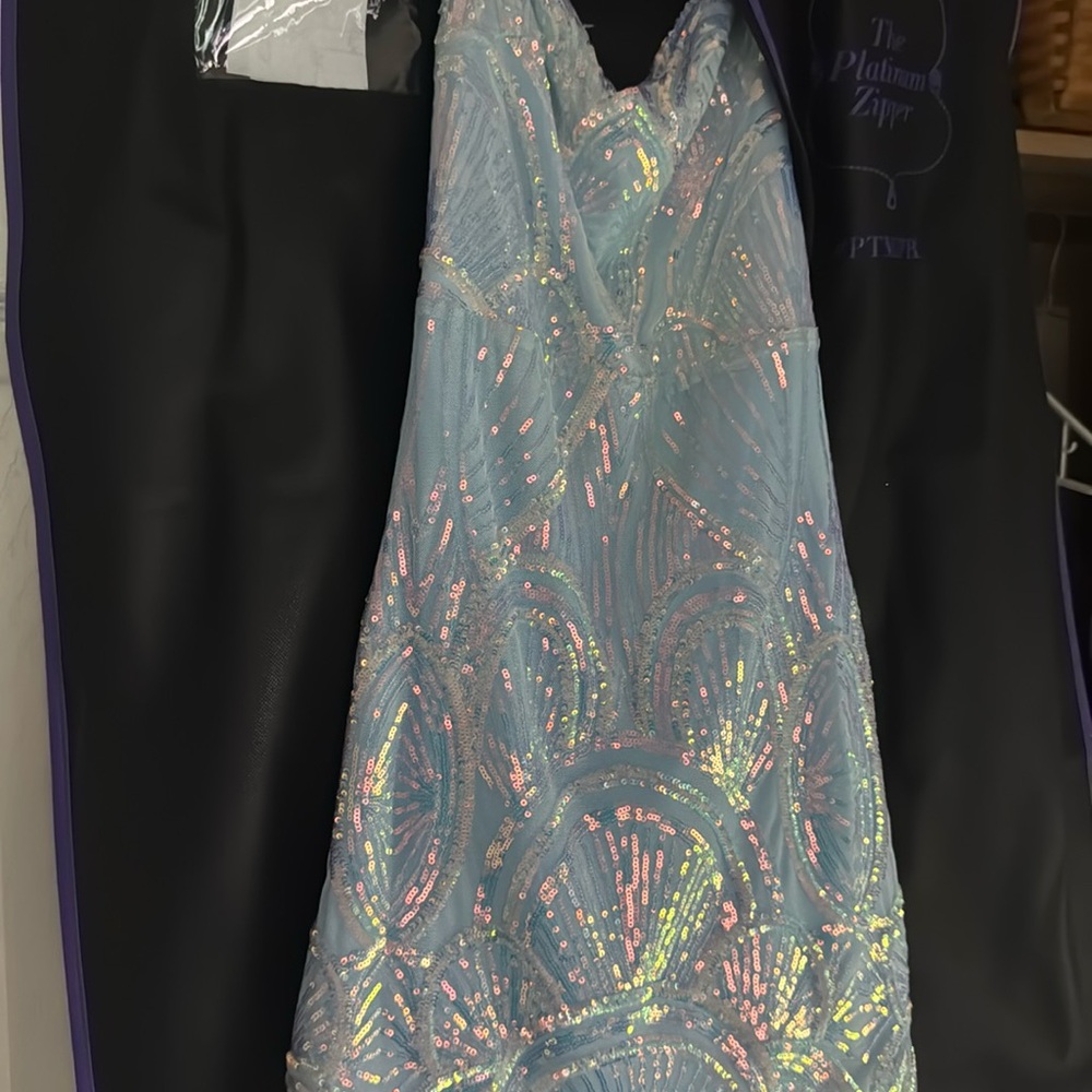 Velvi Milan HOCO dress blue with iridescent sequins.